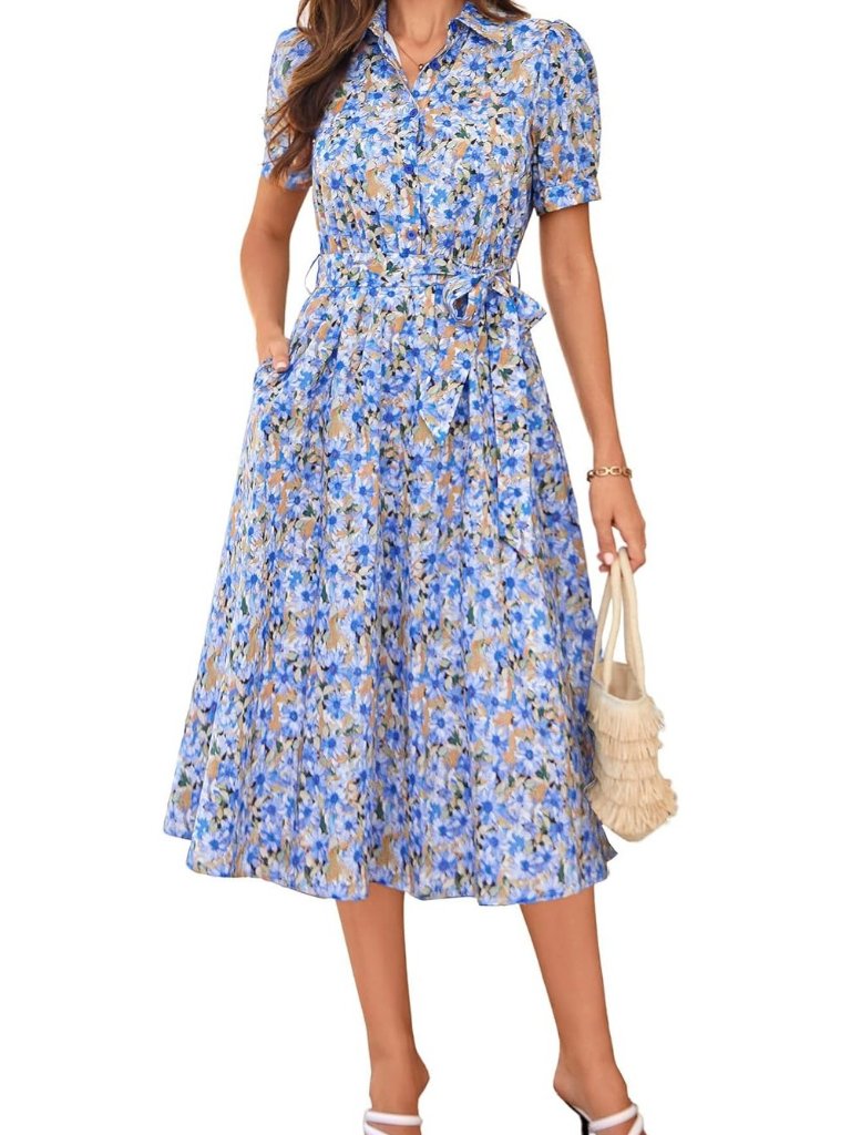 Women's Summer Boho Blue Midi Dress Puff Sleeve Shirt Dress Floral With Pocket